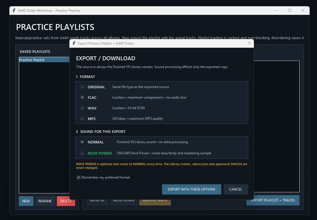 A440 Guitar Workshop playlist export options